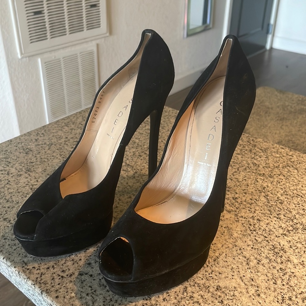 Casadei Blade Sky High Peep Toe Pump Suede